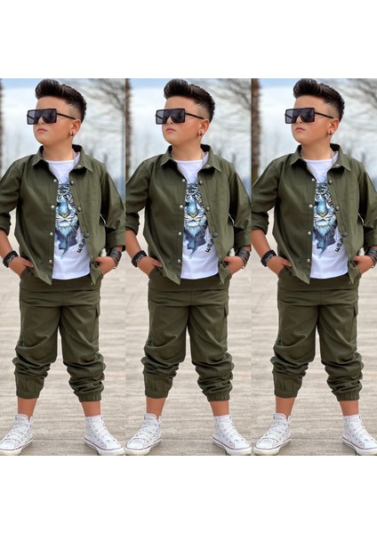 Gabardin Gömlek Kargo Cep Pantolon ve Kaplan Baskılı Tshırt 3 Parça Erkek Çocuk Takım