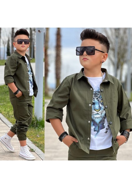 Gabardin Gömlek Kargo Cep Pantolon ve Kaplan Baskılı Tshırt 3 Parça Erkek Çocuk Takım fiyatları