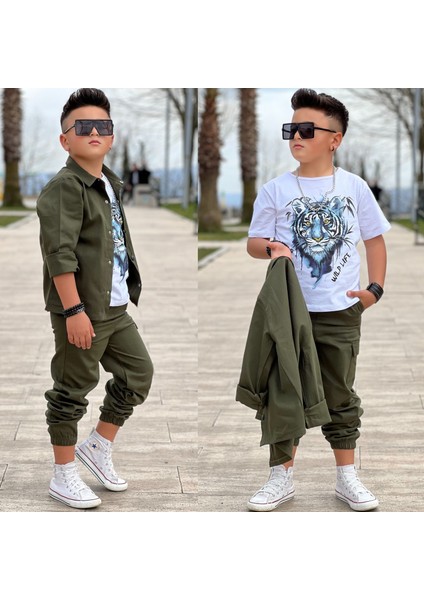 Gabardin Gömlek Kargo Cep Pantolon ve Kaplan Baskılı Tshırt 3 Parça Erkek Çocuk Takım modelleri