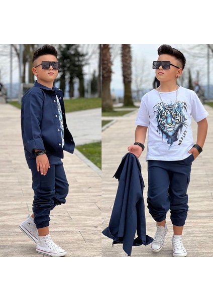 Gabardin Gömlek Kargo Cep Pantolon ve Kaplan Baskılı Tshırt 3 Parça Erkek Çocuk Takım