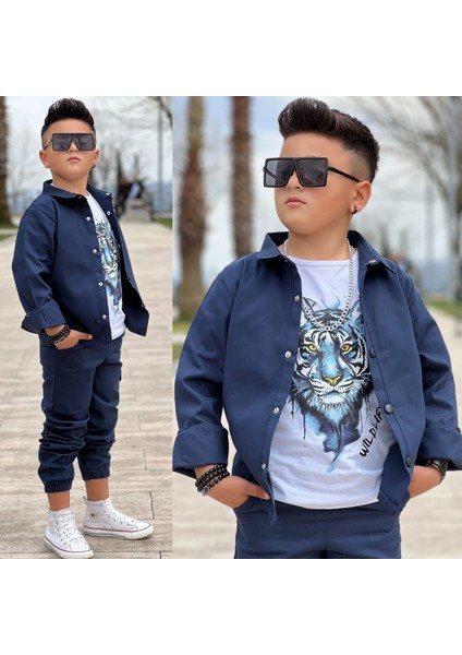 Gabardin Gömlek Kargo Cep Pantolon ve Kaplan Baskılı Tshırt 3 Parça Erkek Çocuk Takım