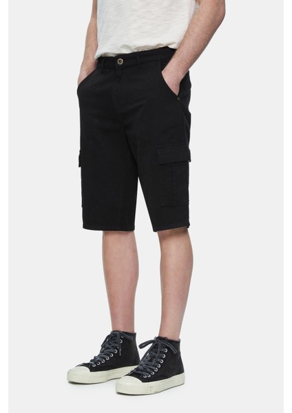 Blewın Siyah Kargo Cepli Gabardin Nakışlı Standard Fit Erkek Şort fiyatları