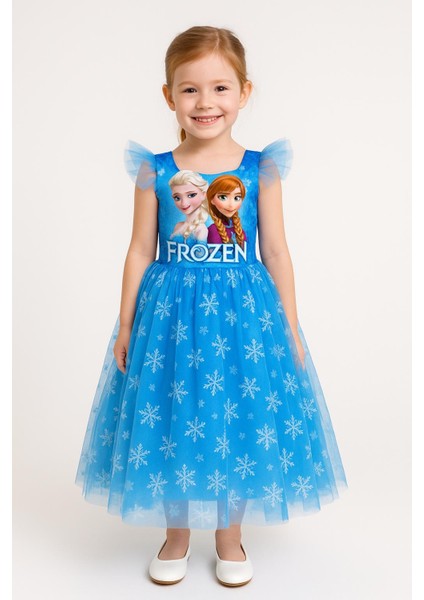 Frozen Elsa Anna Kostüm Elbise Tül Detaylı, Kar Tanesi Desenli, Kız Çocuk Prenses Elbisesi Tarlatanlı 6-10 Yaş