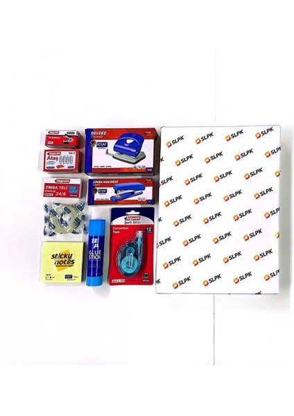 Kırtasiye Ofis Büro Seti (1) -Fotokopi Kağıdı-Delgeç-Zımba-Bant-Stick-Tel-Tel Sökücü-(10 Parça)