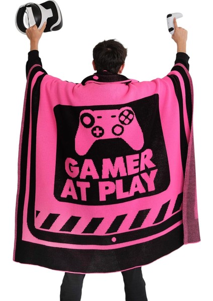 Menashop Metrashop Neon Gamer Örgü Battaniye 130 x 170 Cm, Yumuşak Akrilik Iplikten Yapılmış Konforlu Battaniye (Neon Fuşya)