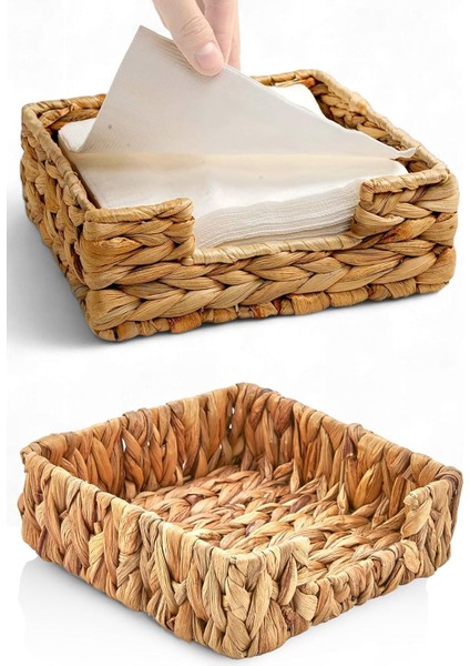 Menashop El Yapımı Örme Doğal Su Sümbülü Hasır Peçetelik (19 * 19 * 7cm) - Yemek Masası Üstü Kağıt Peçetelik Doğal Geri Dönüşümlü.
