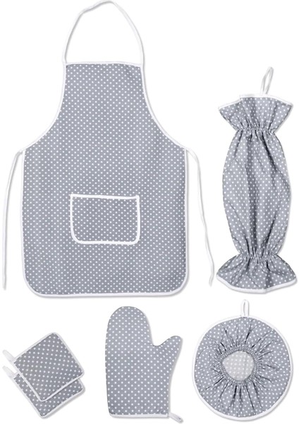 Menashop 6 Parça Mutfak Seti & Mutfak Önlüğü, Fırın Eldiveni, 2li Tutacak, Organizer Poşetlik, Demlematik Gri