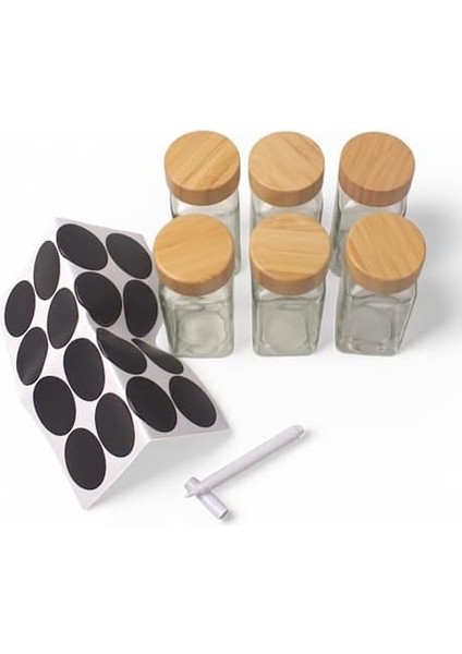 Menashop Metrashop 6'lı Etiketli ve Beyaz Kalemli Baharat Cam Kavanozlar, Baharatlarınızı Ayırabileceğiniz Etiket, Kalem ve 6 Adet Cam Baharatlık (Kare) 6 Adet Baharatlık, 6'lı Set