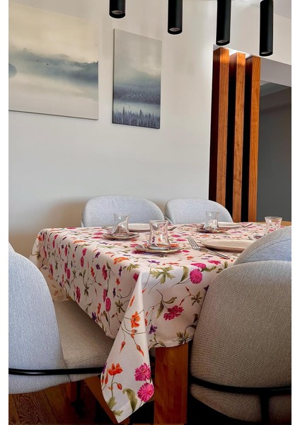 Menashop & Laurel Baskılı Yıkanabilir Masa Örtüsü Mutfak Bahçe Piknik Masa Örtüsü Pembe Ağırlıklı Çiçek Desenli (140X200)