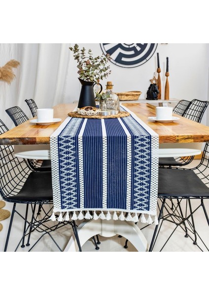 Menashop Metrashop Home Tül Dantel Örgü Pamuklu Runner - Lacivert Püsküllü Runner, 35X150 cm Pamuklu Krem Masa Runner, Çaprazlı Runner, Homemade Runner, Mavi&beyaz Runner