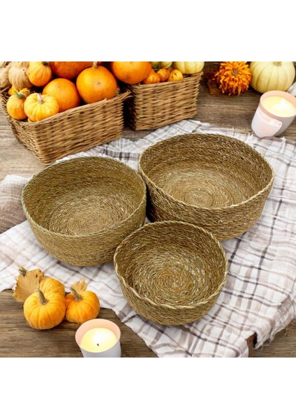Menashop 3'lü Rustik El Yapımı Doğal Yuvarlak Hasır Düzenleyici Seti | 3'lü Hasır Yuvarlak Organizer Seti - Dekoratif, Çok Amaçlı ve Dayanıklı Rattan Sepetler (30X12CM - 25X10CM - 20X8CM)