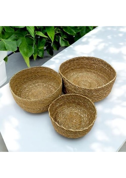 Menashop 3'lü Rustik El Yapımı Doğal Yuvarlak Hasır Düzenleyici Seti | 3'lü Hasır Yuvarlak Organizer Seti - Dekoratif, Çok Amaçlı ve Dayanıklı Rattan Sepetler (30X12CM - 25X10CM - 20X8CM) fiyatları