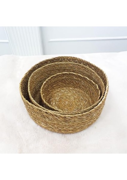 Menashop 3'lü Rustik El Yapımı Doğal Yuvarlak Hasır Düzenleyici Seti | 3'lü Hasır Yuvarlak Organizer Seti - Dekoratif, Çok Amaçlı ve Dayanıklı Rattan Sepetler (30X12CM - 25X10CM - 20X8CM) modelleri