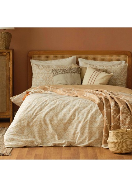 Menashop Metrashop Maıson Lilith Geometrik DESENLI%100 Pamuk Ranforce Nevresim Seti, Bej, Tek Kişilik (Nevresim: 160X220 cm / 1 Adet Yastık Kılıfı: 50X70 Cm)