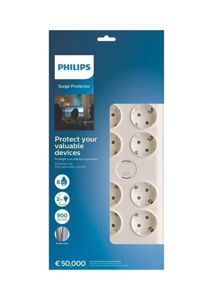 Phılıps 8-Li SPN7080WA/62 900 Joules Akım Koruma Prizi Beyaz