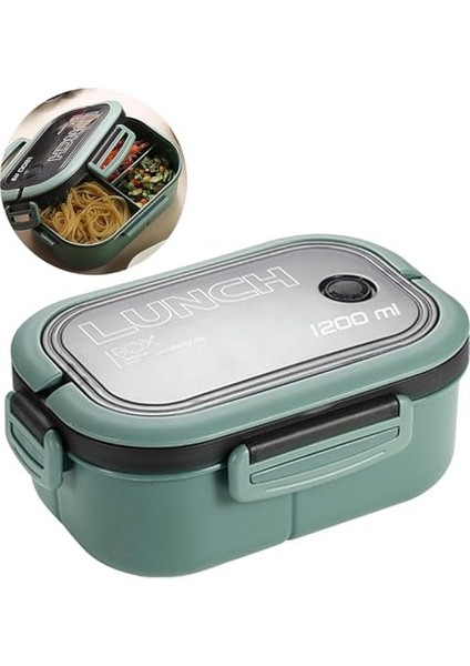 Menashop Metrashop 1200 ml 2 Katlı 6 Bölmeli Bpa'sız Pp Plastik Sefer Tası ve Beslenme Çantası - Hava Kilitli Bento Lunch Box, Çatal ve Kaşık Dahil (Yeşil)