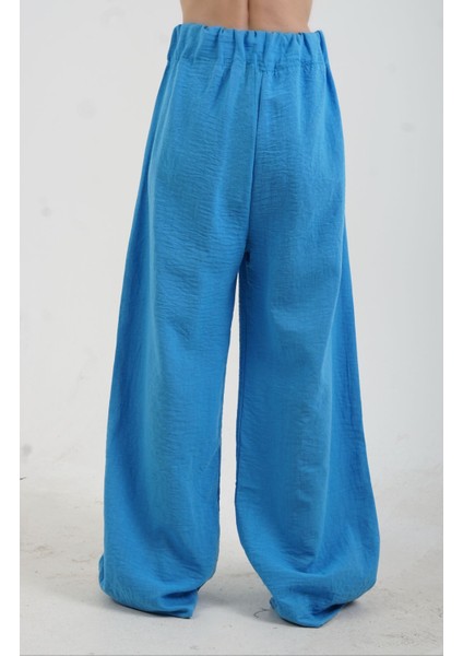 Mavi Geniş Paça Keten Karışımlı Pantolon modelleri