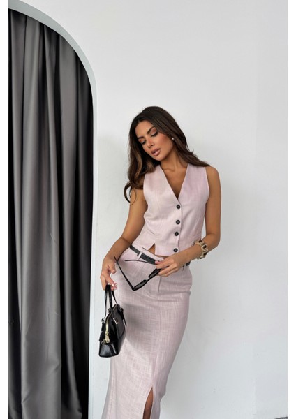 Yelek-Önden Yırtmaçlı Etek Tk Şantuk Keten - Lila