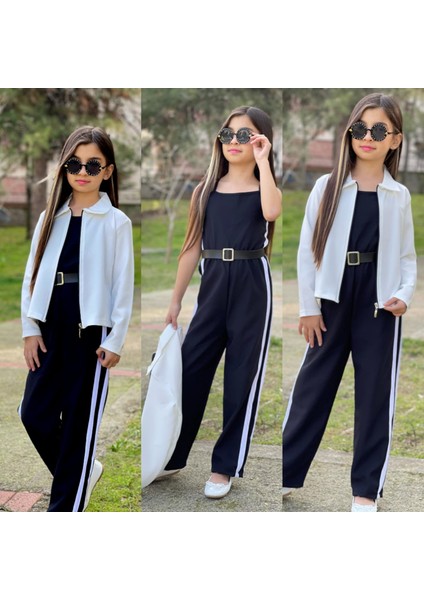 Kemer Hediyeli Beli Lastikli Şerit Detaylı Garson Boy Kız Çocuk Siyah Tulum & Ceket Kombin