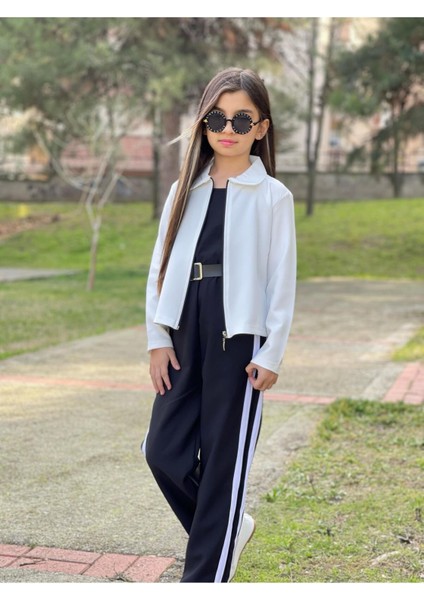 Kemer Hediyeli Beli Lastikli Şerit Detaylı Garson Boy Kız Çocuk Siyah Tulum & Ceket Kombin fiyatları