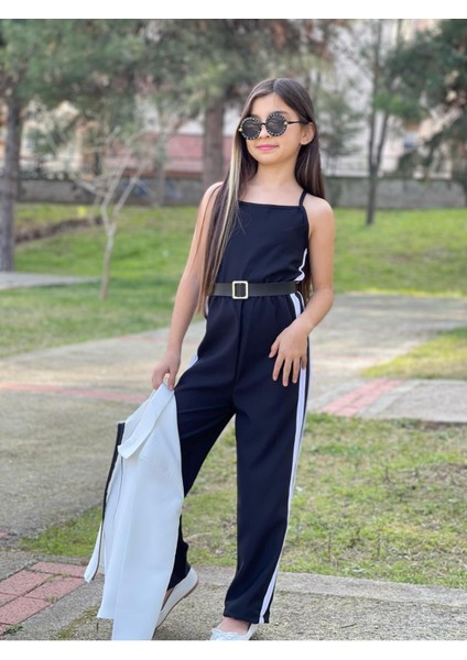Kemer Hediyeli Beli Lastikli Şerit Detaylı Garson Boy Kız Çocuk Siyah Tulum & Ceket Kombin modelleri