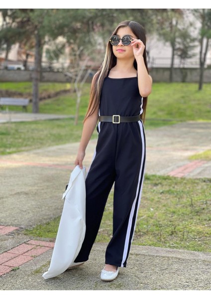 Kemer Hediyeli Beli Lastikli Şerit Detaylı Garson Boy Kız Çocuk Siyah Tulum & Ceket Kombin fırsatları