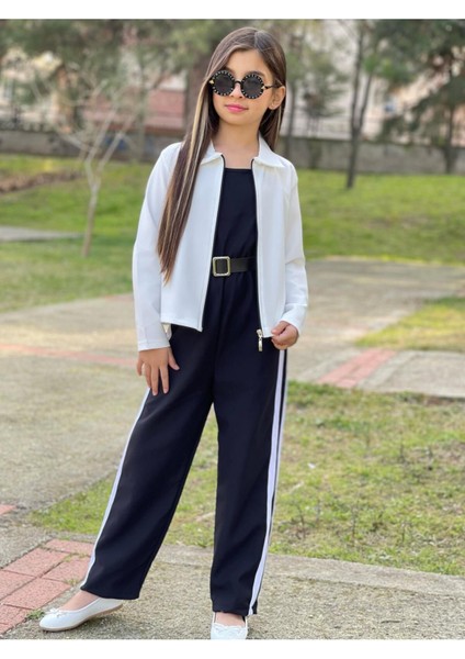 Kemer Hediyeli Beli Lastikli Şerit Detaylı Garson Boy Kız Çocuk Siyah Tulum & Ceket Kombin indirimleri