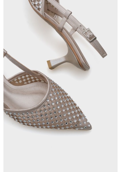 Olga Saten Taşlı Orta Topuklu Sivri Burunlu Arkası Açık Kadın Ayakkabı