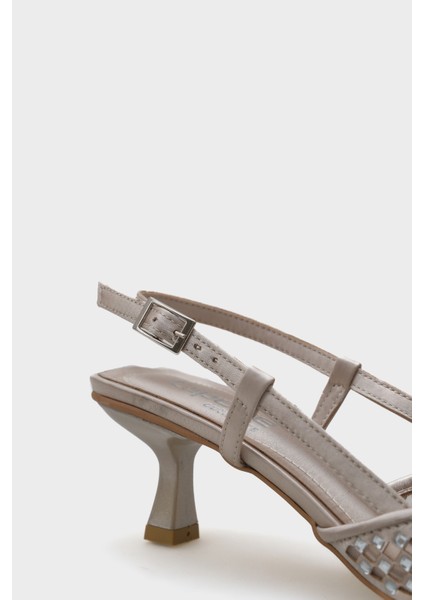 Olga Saten Taşlı Orta Topuklu Sivri Burunlu Arkası Açık Kadın Ayakkabı