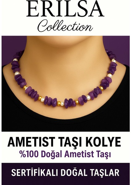 Sertifikalı Kırık Taşlı Model Inci – Ametist Taşı Kolye – Sakinlik ve Ruhsal Denge
