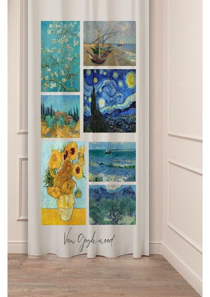 Van Gogh Yıldızlı Gece Badem Zeytin Ağacı Yelken Deniz Desenli Dijital Baskılı (Tek Kanat) Fon Perde