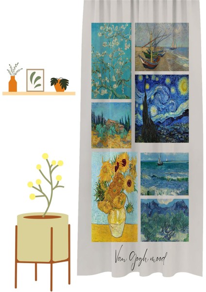 Van Gogh Yıldızlı Gece Badem Zeytin Ağacı Yelken Deniz Desenli Dijital Baskılı (Tek Kanat) Fon Perde modelleri