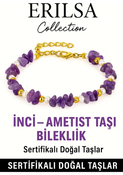 Sertifikalı Kırık Taşlı Model Inci – Ametist Taşı Bileklik – Sakinlik ve Ruhsal Denge