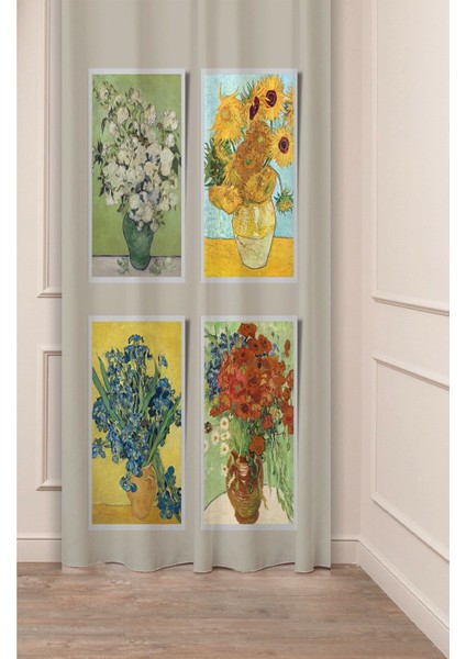 Van Gogh Ayçiçekli Vazo Gelincik Papatya Çiçekler Desenli Dijital Baskılı (Tek Kanat) Şık Fon Perde
