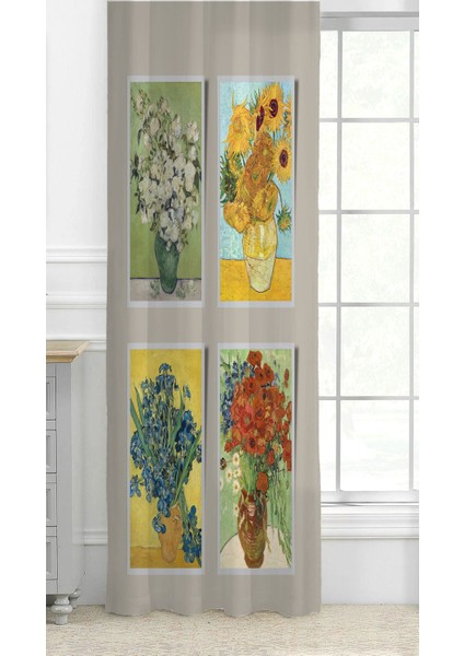 Van Gogh Ayçiçekli Vazo Gelincik Papatya Çiçekler Desenli Dijital Baskılı (Tek Kanat) Şık Fon Perde