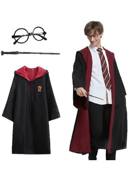 Harry Potter Gryffindor Kapişonlu Çocuk Kostüm + Asa + Gözlük Seti 7-8 Yaş