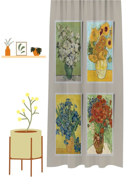 Van Gogh Ayçiçekli Vazo Gelincik Papatya Çiçekler Desenli Dijital Baskılı (Tek Kanat) Şık Fon Perde modelleri