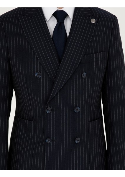 Erkek Lacivert Ex. Slim Fit Çizgili KruvazeTakım Elbise 50293422-VR033