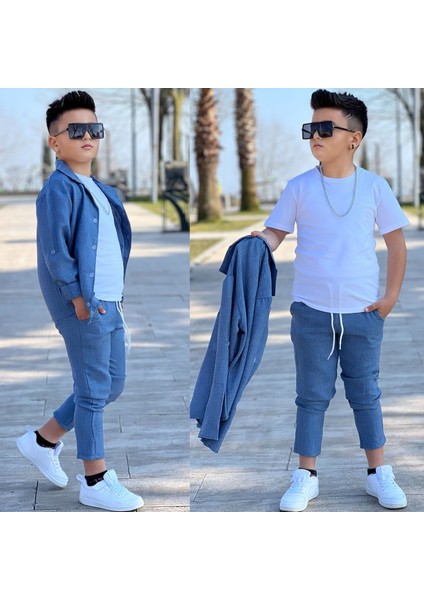 Kol Katlamalı Keten Gömlek & Beli Lastikli Keten Pantolon & Pamuklu Tshırt & Zincir Aksesuar 4lü Keten Erkek Çocuk Takım fiyatları