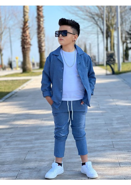 Kol Katlamalı Keten Gömlek & Beli Lastikli Keten Pantolon & Pamuklu Tshırt & Zincir Aksesuar 4lü Keten Erkek Çocuk Takım modelleri