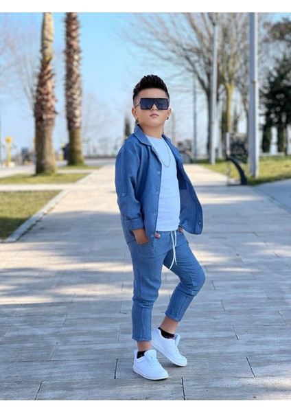 Kol Katlamalı Keten Gömlek & Beli Lastikli Keten Pantolon & Pamuklu Tshırt & Zincir Aksesuar 4lü Keten Erkek Çocuk Takım fırsatları