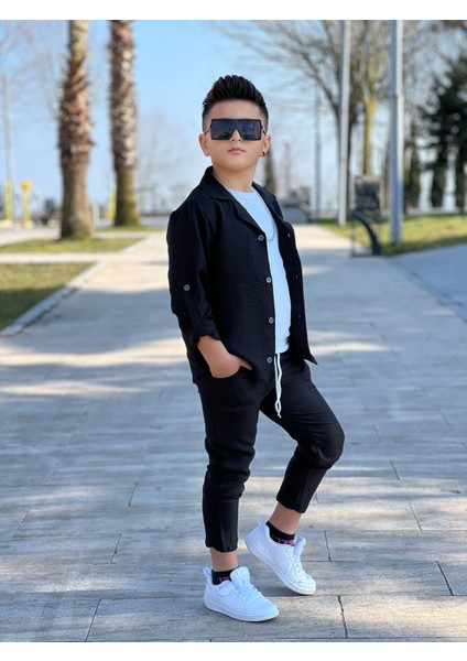 Kol Katlamalı Keten Gömlek & Beli Lastikli Keten Pantolon & Pamuklu Tshırt & Zincir Aksesuar 4lü Keten Erkek Çocuk Takım modelleri