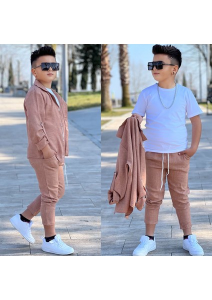 Kol Katlamalı Keten Gömlek & Beli Lastikli Keten Pantolon & Pamuklu Tshırt & Zincir Aksesuar 4lü Keten Erkek Çocuk Takım