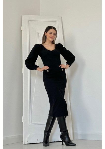 Siyah Geniş Boğazlı Elbise Akdenizpos Yeni