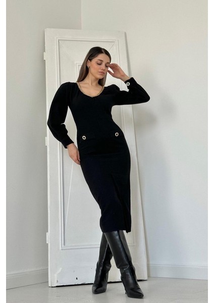Siyah Geniş Boğazlı Elbise Akdenizpos Yeni