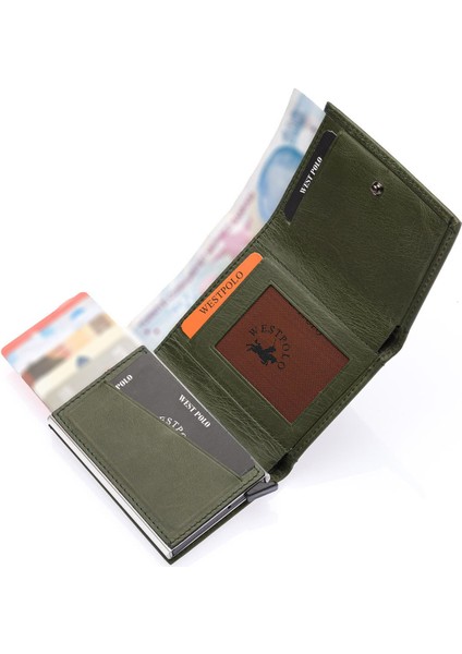 Safari Unisex Bol Kartlık Bölmeli Crazy Eskitme Hakiki Deri Mekanizmalı Cüzdan - Yeşil modelleri