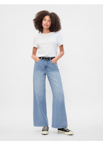 Kadın Mavi High Rise Wide Leg Jean Pantolon