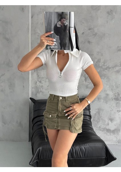 Kaşkorse Yaka Fermuarlı Bluz Beyaz fırsatları