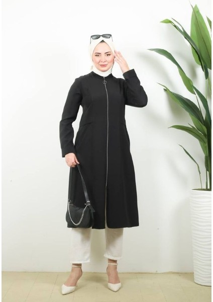 Kadın Tesettür Yarım Pardesü Ferace Kap Giyçık Fermuarlı Dabıl Kumaş