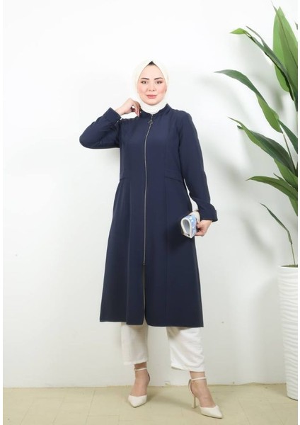 Kadın Tesettür Yarım Pardesü Ferace Kap Giyçık Fermuarlı Dabıl Kumaş